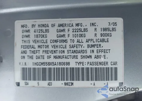 2005 Honda Accord 2.4 Ex z USA, uszkodzony, nr VIN 1HGCM558X5A180698